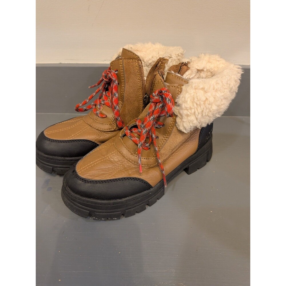 UGG Kids Leather Lace-Up Fur Trim Ankle Bootie Brown/Black US 2 EU 33.5